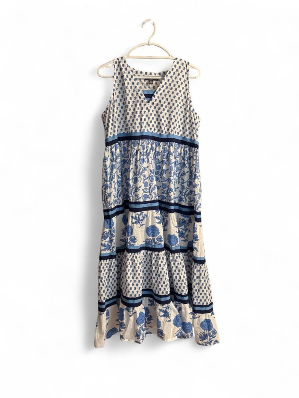 Blue and White Tiered V-Neck Maxi Dress - Picture 2 of 5